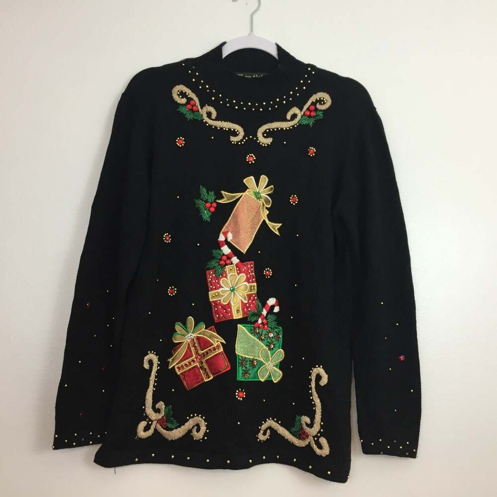 VTG Theme Works K.I.K.I.T S Women's Christmas Sweater Size S Beaded Embroider